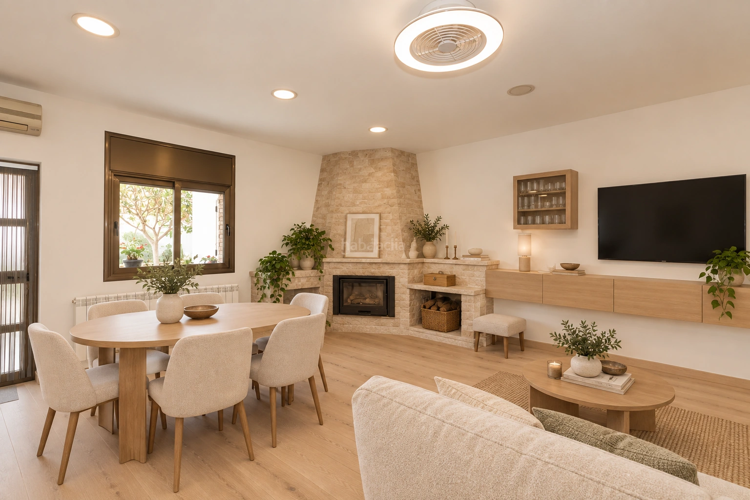 Propuesta virtual de un salón comedor con chimenea, madera clara y tonos cálidos.